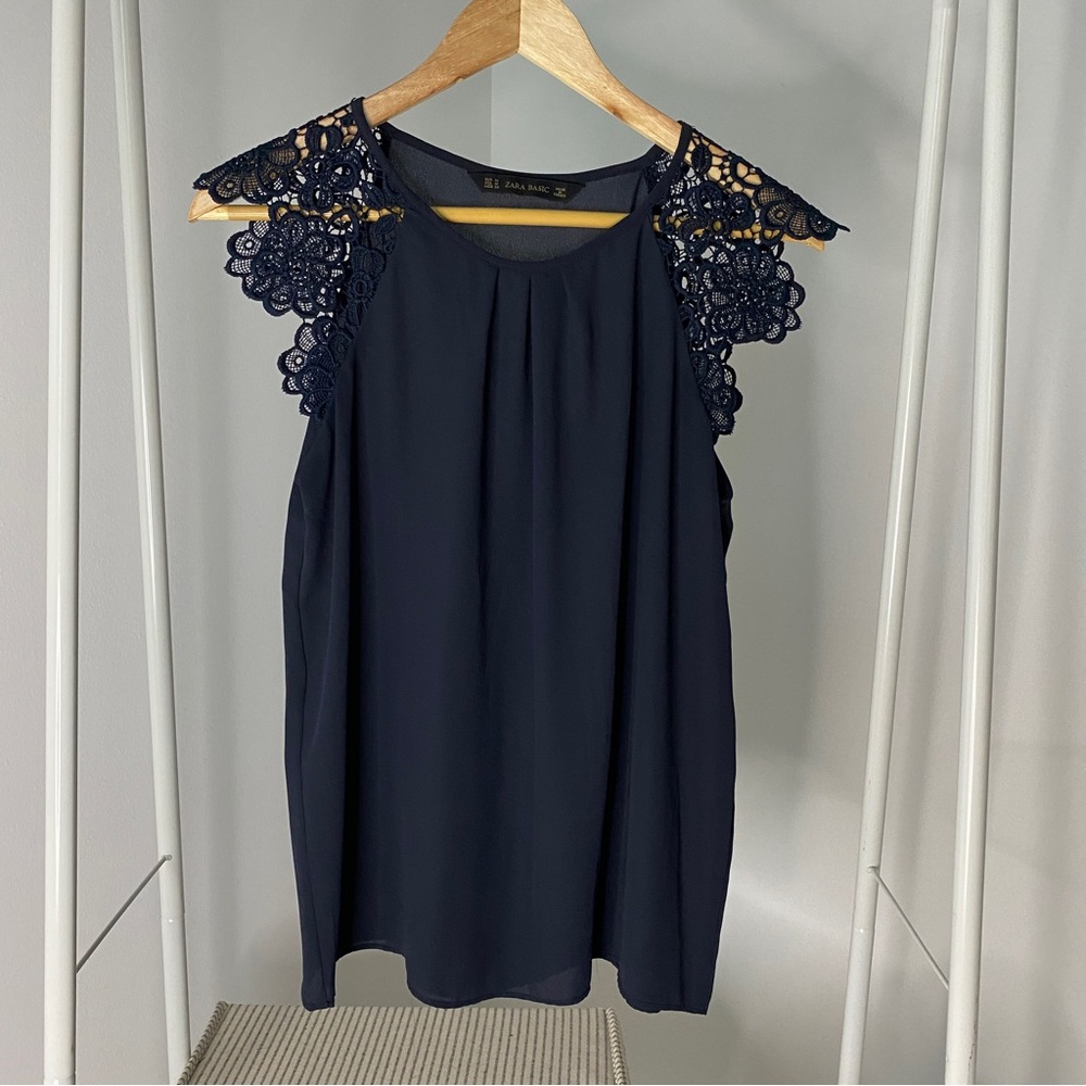 Zara Navy Blue Blouse with flower lace detail, Size M